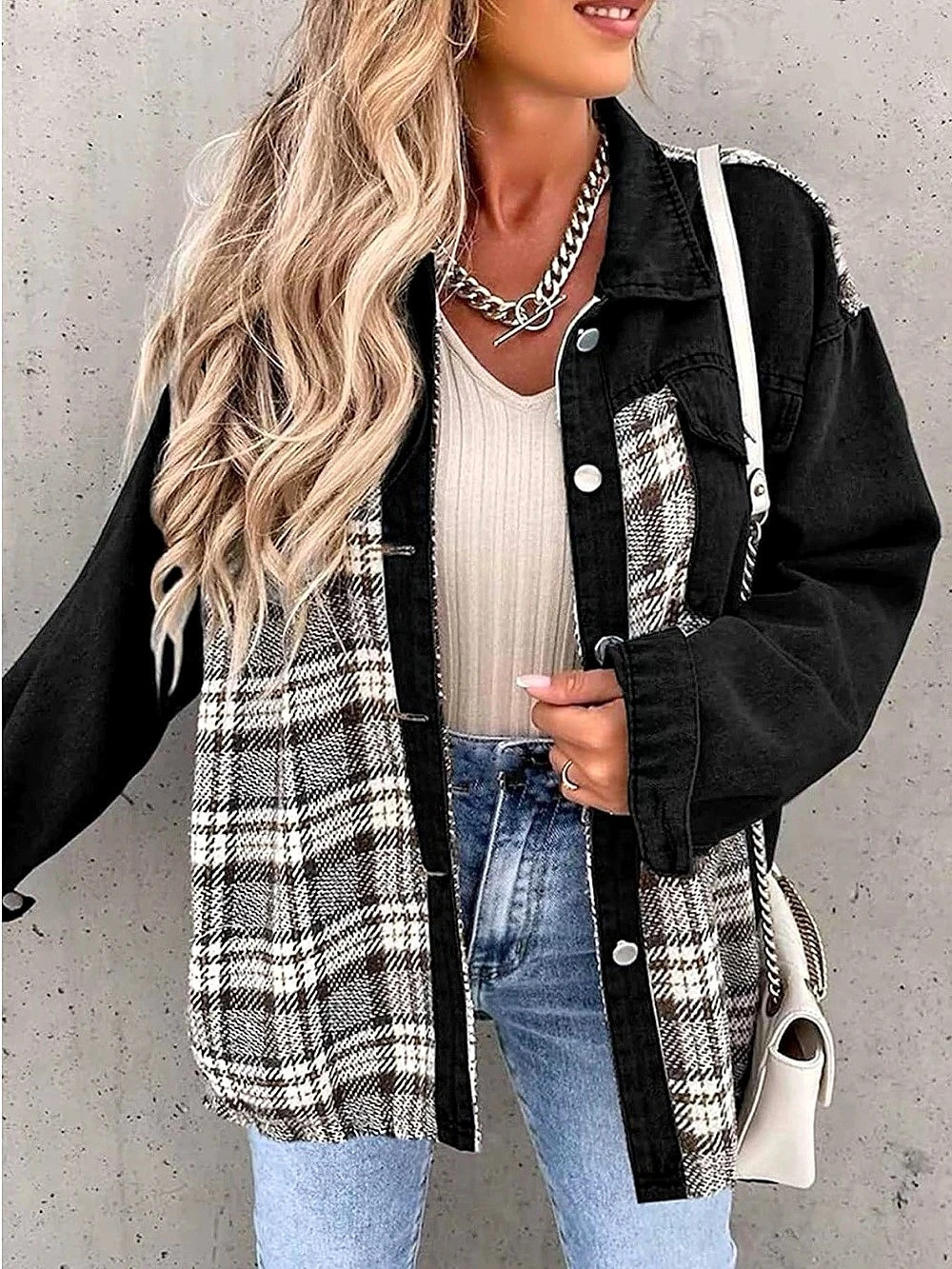 Women's Black & White Plaid Panel Jacket
